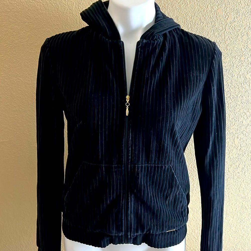 St John Sport by Marie Gray Old Money Country Club black ribbed velvet hoodie